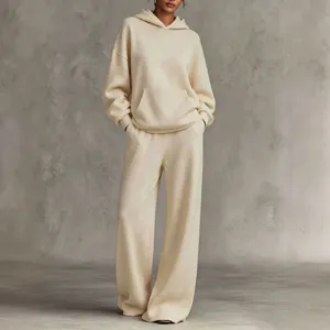 Damen Beige Oversize-Hoodie und Weitbein-Hose zweiteiliges Lounge-Set