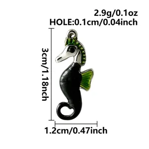 Stainless steel seahorse pendant detail, black and green enamel, DIY jewelry accessory specs.
