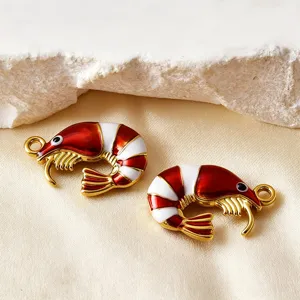 Suesse rote weisse Emaillierte Garnele Anhaenger Vergoldet Metall DIY Schmuck Zubehoer