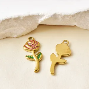Stainless steel rose flower enamel charm detail view, perfect for DIY jewelry making and keychains.