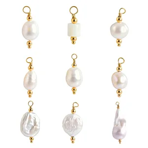 Detailed view of irregular natural freshwater pearl pendants with gold wire for DIY jewelry making.