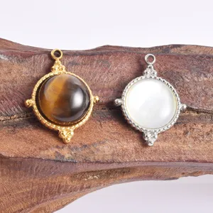 Edelstahl Tigerauge Perlmutt runder Anhänger Schmuck DIY Zubehör Charm Kette Halskette