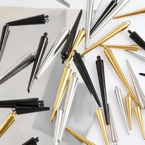 Stainless steel cone spike pendants for DIY jewelry making, earrings and necklaces detail view.