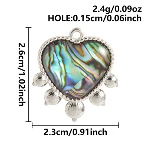 Colgante de corazón de acero inoxidable con incrustación de abulón, accesorio de joyería DIY.