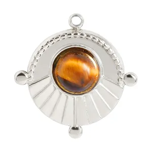 Edelstahl runder Anhänger Detail, Naturstein Charm mit symmetrischem Sonnenmotiv für DIY.