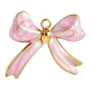 Pink glitter bow pendant charm diy jewelry accessory cute stainless steel necklace piece