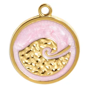 Pendentif rond doré avec émail pailleté rose et design de vague pour fabrication de bijoux DIY