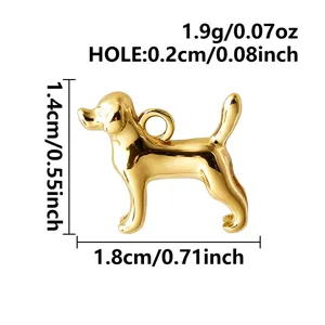 Détail de pendentif chiot 3D doré avec dimensions précises, taille de trou et poids pour bijoux.