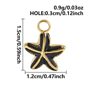 Gold and black enamel starfish pendant detail showing precise dimensions and hole size.