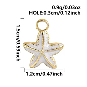 Close-up detail view of white enameled starfish pendant with precise dimensions and hole size.