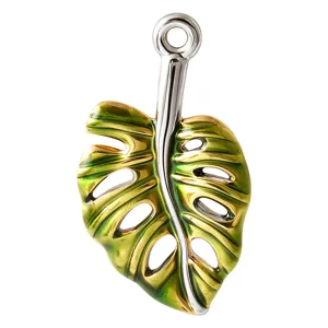 Ciondolo foglia verde tropicale cavo retrò europeo metallo DIY collana orecchino gioiello