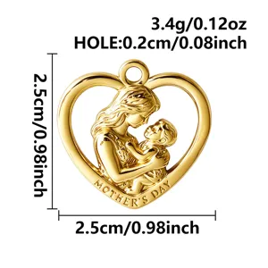 Gold mother and child heart pendant detail, metal DIY jewelry accessory 2.5cm size.