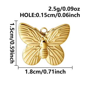 Golden butterfly pendant detail, metal charm with dimensions and hole size for DIY jewelry.