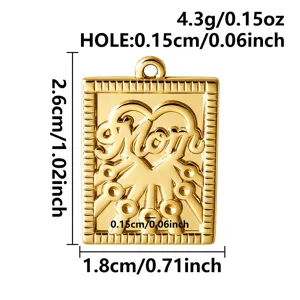Gold vintage Mom heart pendant detail with dimension specs for DIY necklace and bracelet crafting.