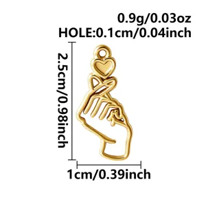 Gold finger heart pendant detail view displaying exact dimensions and size specs clearly.