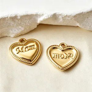 Gold heart mom charm pendant detail shot, ideal for DIY handmade jewelry making and mother gifts.
