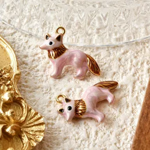 Leuke roze emaille vos dierenhanger roestvrij staal DIY sieraden bedel voor ketting maken