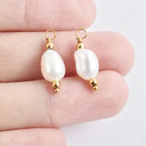 Detailed view of baroque natural freshwater pearl charms with gold metal beads for DIY jewelry making.