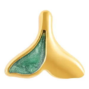 Gold stainless steel whale tail pendant closeup detail with green glitter enamel finish.