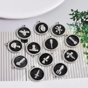 Colgantes circulares de acero inoxidable con diseño de aceite negro, mini accesorios de joyería.