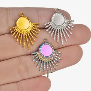 Stainless steel sunburst pendant tray charms in gold silver and colorful rainbow finishes.