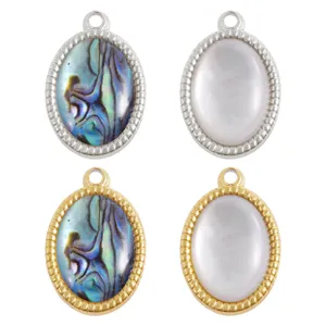 Stainless steel oval shell pendant detail close up, natural mother of pearl jewelry charm.