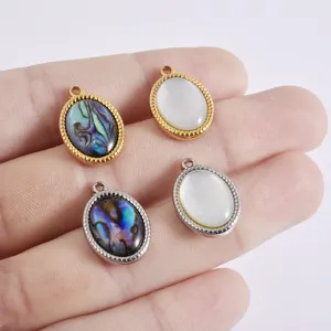 Stainless steel oval pendant natural shell charm DIY necklace bracelet jewelry making accessory