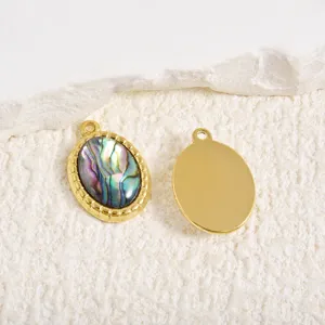 Stainless steel oval pendant with natural shell inlay, 18k gold plated DIY jewelry making charm.