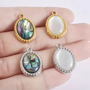 Stainless steel oval pendant detail featuring natural abalone shell and pearl components.