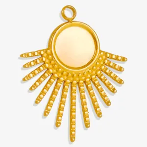 Gold sunburst metal pendant detail, shiny fan charm component for DIY jewelry making.