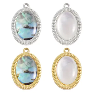 Stainless steel oval pendant with natural shell inlay. Perfect for DIY jewelry making and necklaces.