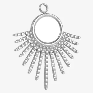 Stainless steel sunburst pendant detail closeup, geometric metal charm for DIY jewelry making.