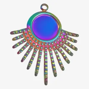 Rainbow titanium steel pendant detail, colorful iridescent fan shaped jewelry accessory charm
