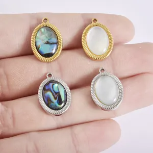 Stainless steel oval shell pendant close-up, mother of pearl and abalone DIY jewelry piece.