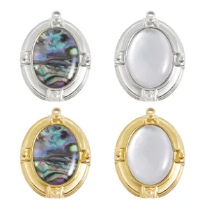 Stainless steel oval pendant charm with shell inlay for DIY handmade necklace bracelet