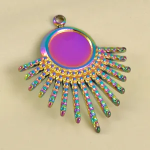 Detailed closeup view of rainbow stainless steel fan shaped pendant bezel tray part.
