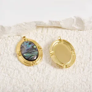 Stainless steel oval pendant detail showing natural shell inlay and gold plated DIY charm craftsmanship.