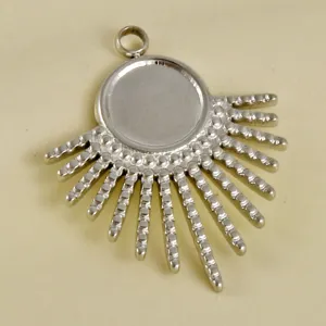 Stainless steel sunburst pendant bezel blank, detailed view of the round tray jewelry charm DIY accessory.