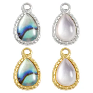 Stainless steel teardrop pendant charms with natural shell inlays for DIY jewelry making.