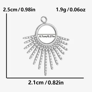 Detailed view of fan-shaped stainless steel pendant, silver metal charm with precise dimensions.