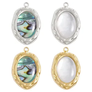 Stainless steel oval pendant with natural abalone shell and pearl for DIY jewelry making.