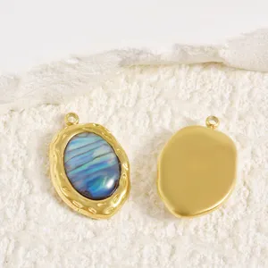Stainless steel oval pendant charm with natural shell inlay and 18k gold plating for DIY jewelry.