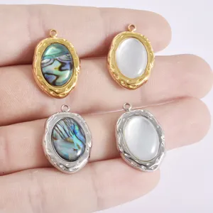 Stainless steel oval pendant natural shell charm gold silver DIY jewelry making accessories