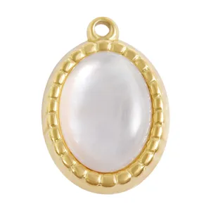 Stainless steel oval pendant with natural shell inlay, 18k gold plated DIY jewelry charm.