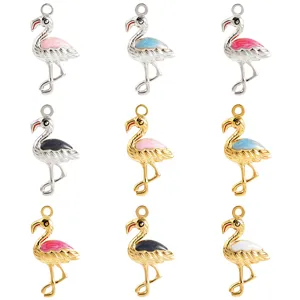 Flamingo enamel metal charms set, gold and silver tone DIY jewelry making pendants for bracelets.