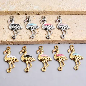 Metal enamel flamingo charms pendant DIY jewelry accessories gold silver tone multi-color 9pcs