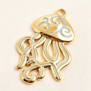 Colgante de medusa hueco chapado en oro con gota de aceite esmaltada azul para collar pulsera DIY