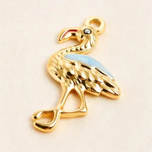 Gold plated flamingo pendant with glitter blue enamel wing DIY jewelry making accessory charm