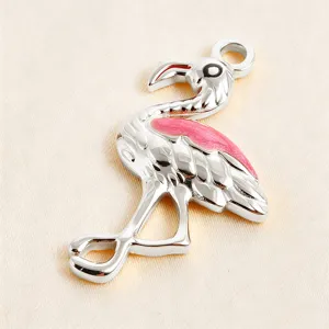 Flamingo enamel charm pendant, silver metal DIY jewelry accessory for bracelet necklace making.