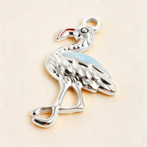 Silver flamingo pendant charm with blue enamel glitter for DIY jewelry making necklace 88